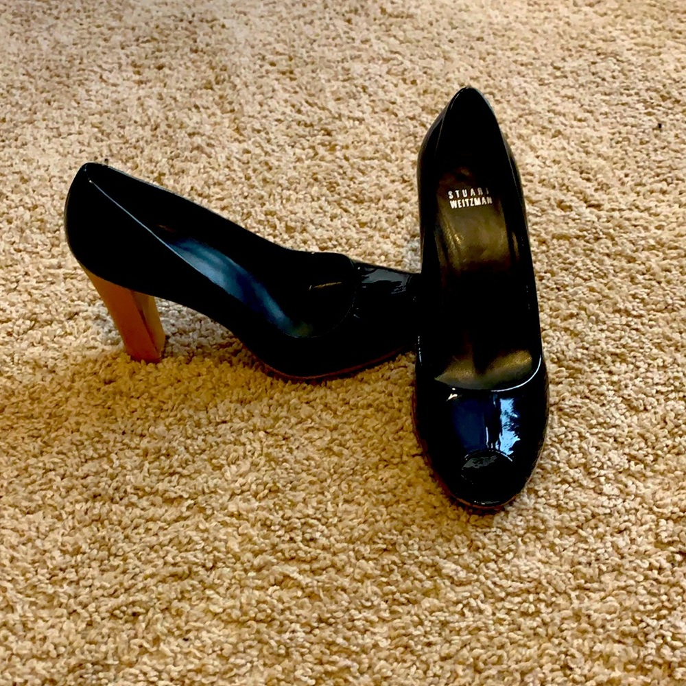 Stuart Weitzman black patent leather peep toe block wood heel pump shoe US 7.5